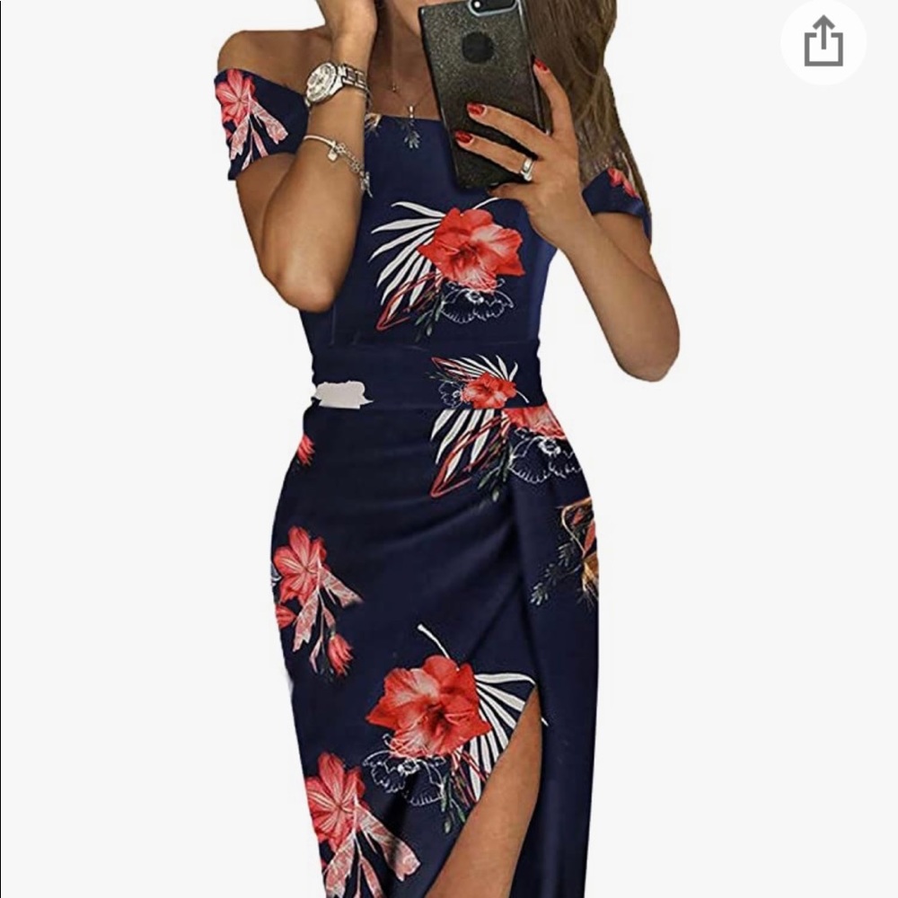 Off Shoulder Floral Print High Slit Dress - Medium